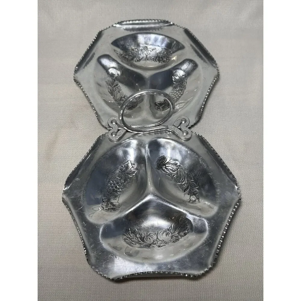 Vintage Cromwell Hand Wrought Aluminum 14.75x8.5” Double Hexagon Tray Fruit